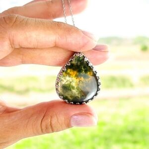 Moss Agate Sterling Silver Necklace Pendant Green Crystal Jewelry Women Handmade